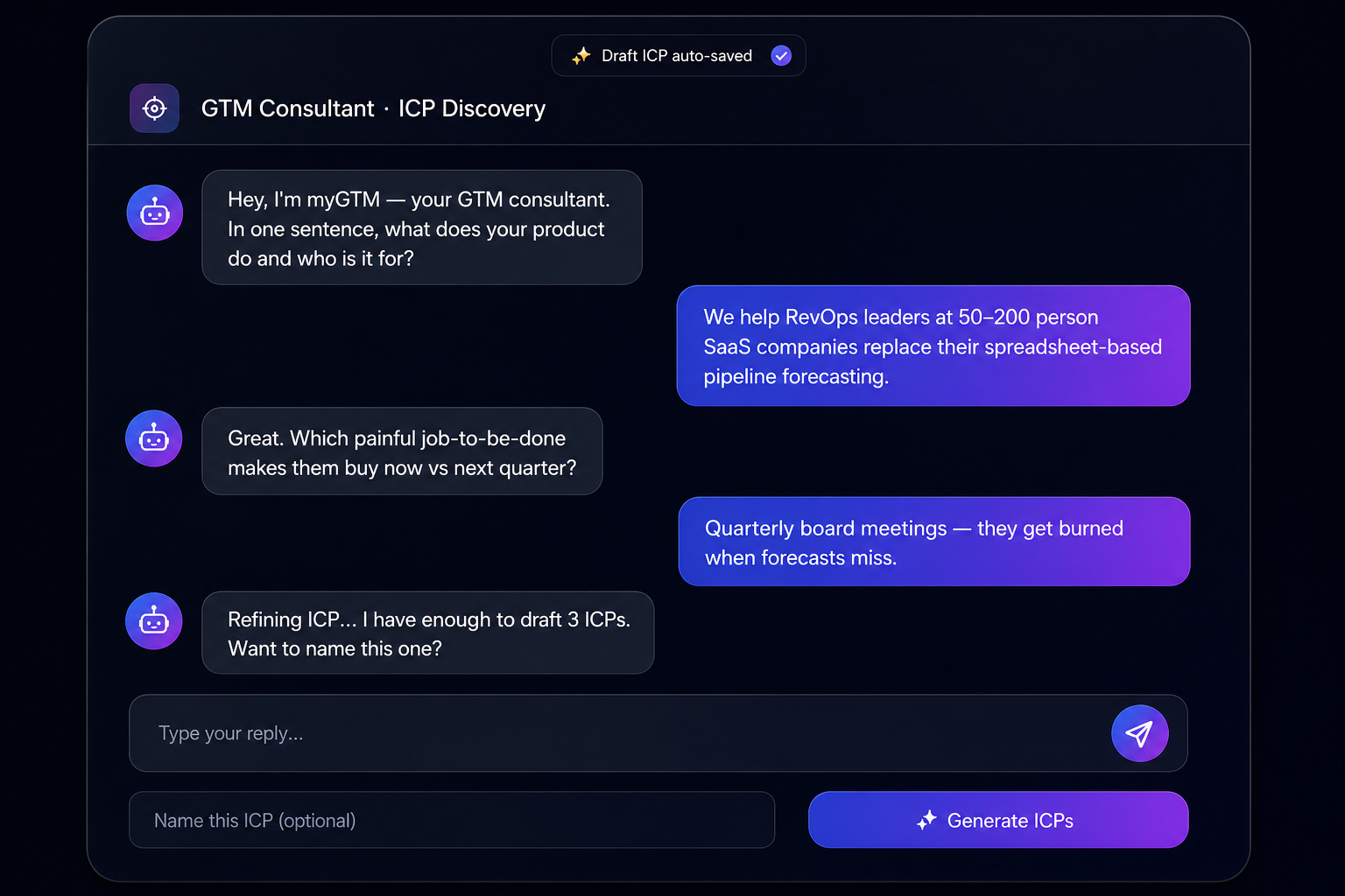 myGTM ICP Discovery chat — an AI consultant interviewing a founder and auto-saving a draft ICP.